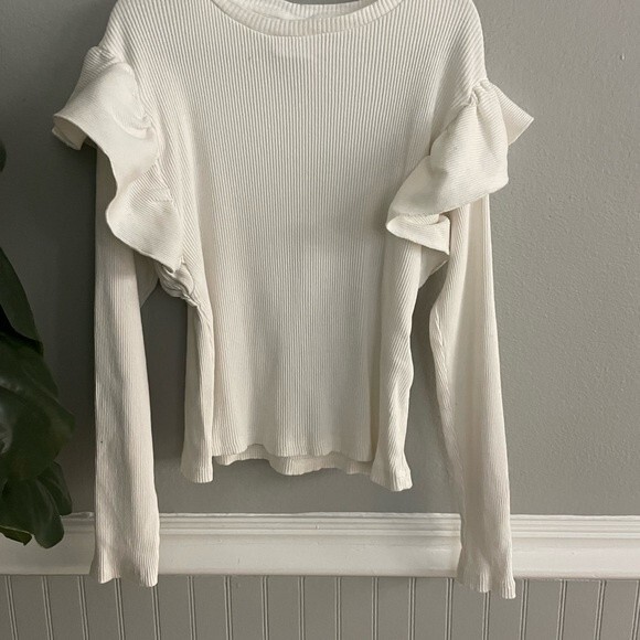 Zara Girls Size 10 White Ribbed Knit Ruffle Sleeve Top - Picture 3 of 8